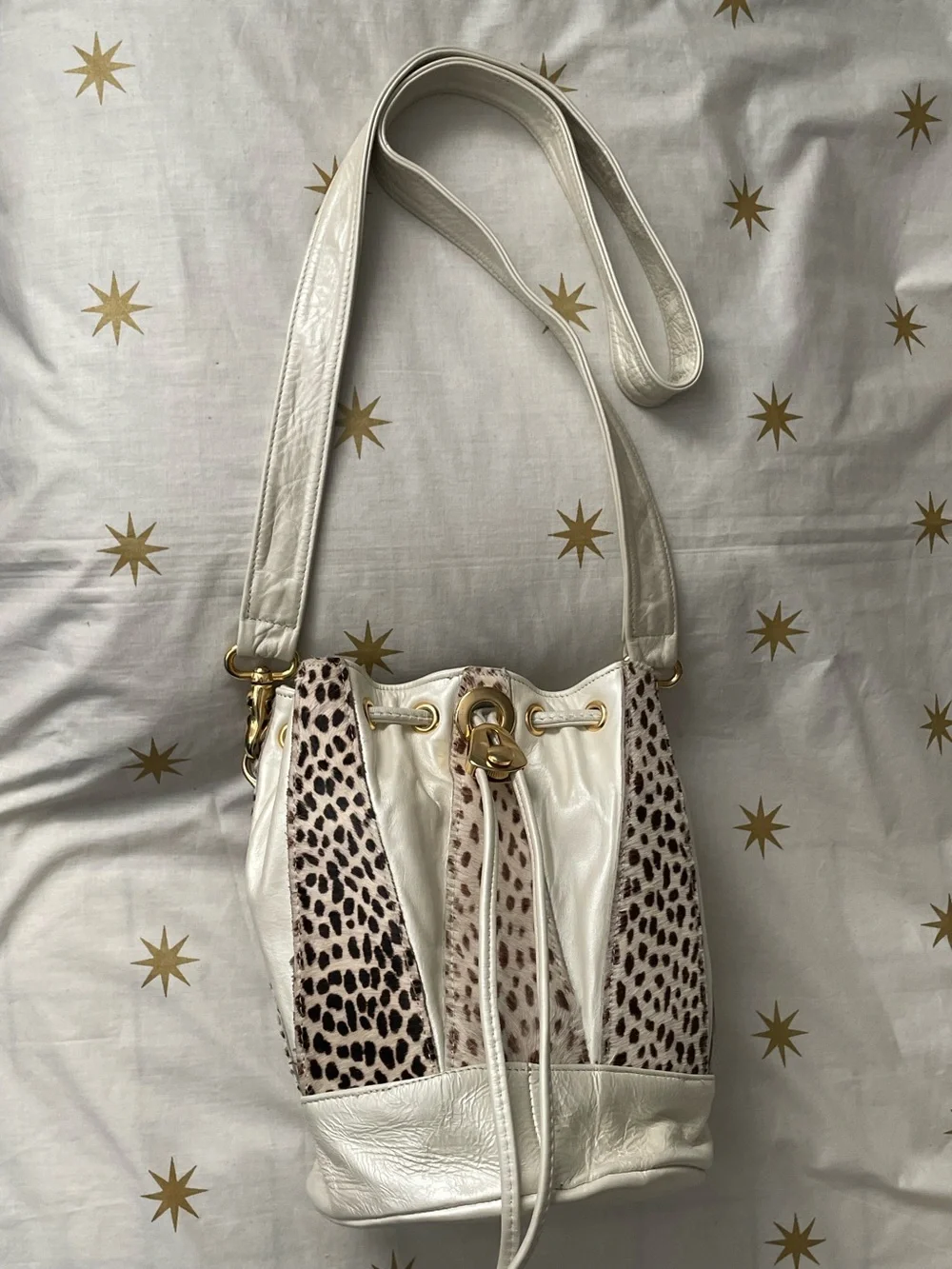 Vintage White & Leopard Pony Hair Leather Drawstring Bucket Bag